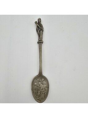 Antique Pewter Spoon Medieval Theme Relief Design Historic Motif Marked Nathan